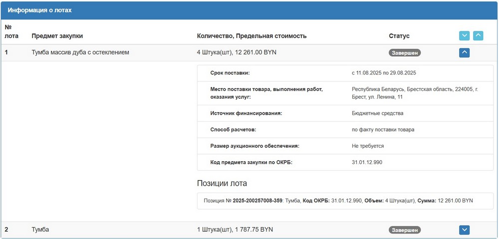 Тендер Брестского облисполкома на тумбы с витринами. Скриншот сайта госзакупок