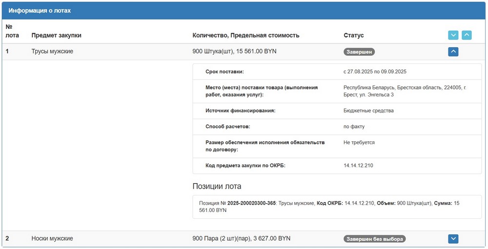 Тендер Брестского горисполкома на носки и трусы. Скриншот сайта госзакупок