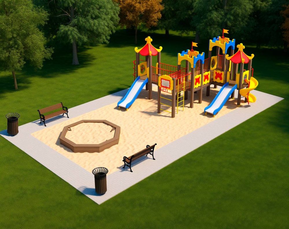 Визуализация детской площадки, которую установят в Барановичах. Фото: Барановичский горисполком