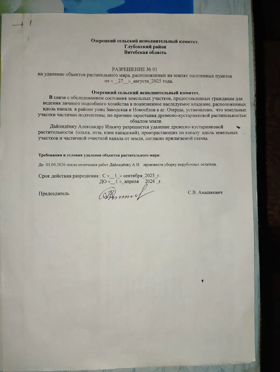 Разрешение на вырубку кустарника от сельсовета