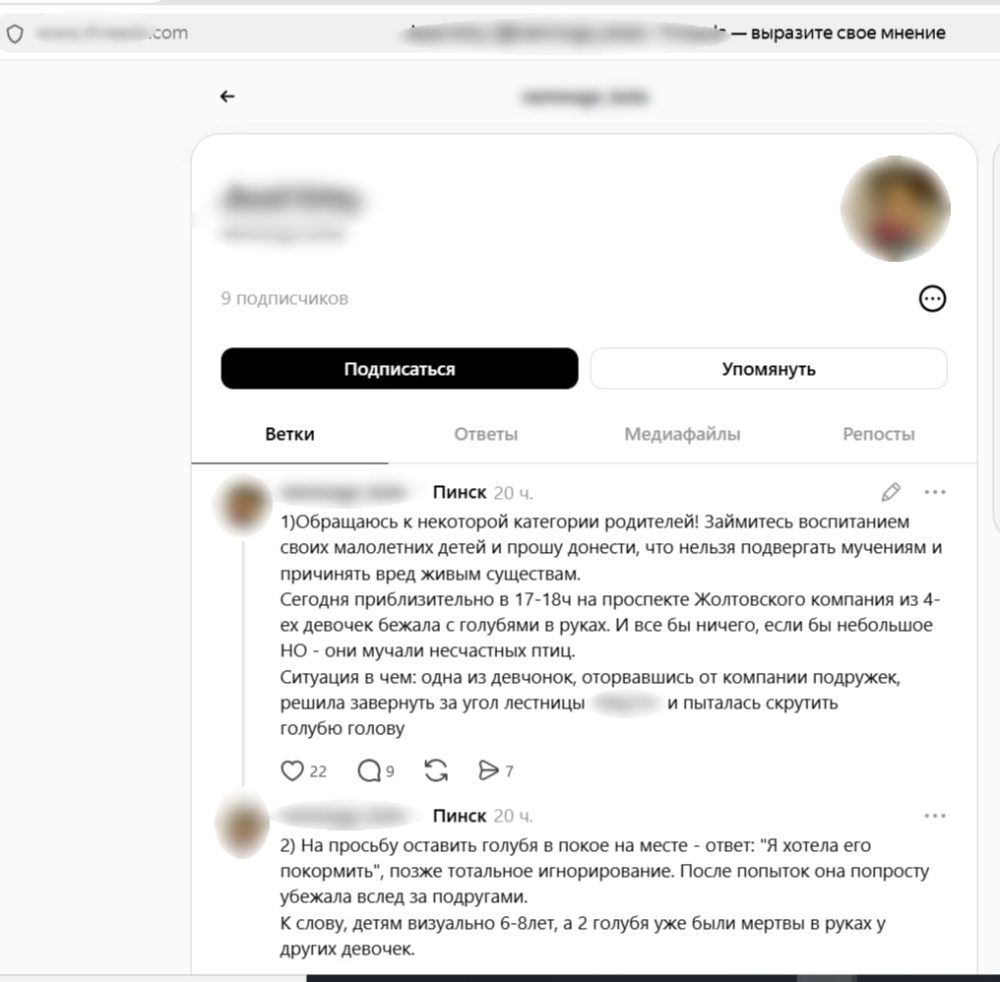 Скриншот поста пинчанки в Threads о голубях. Фото: УВД Брестского облисполкома