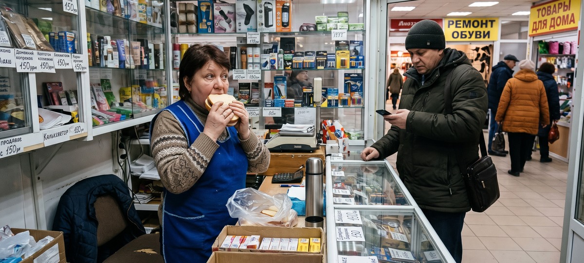 Продавец ест бутерброд на рабочем месте